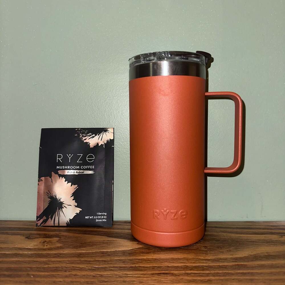 RYZE Mushroom Coffee Insulated Travel Mug with Mushroom Icon Coffee Sample